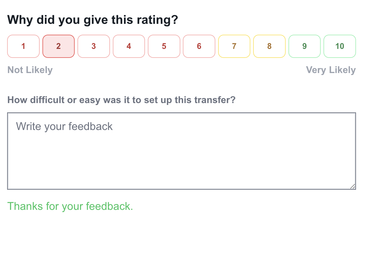 NPS survey with selected score and feedback